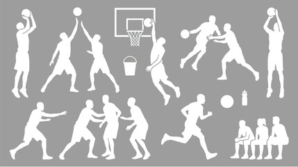 Basketball player silhouettes set, white athletic figures in action poses, basketball game vector elements for sports design and team branding © Noman