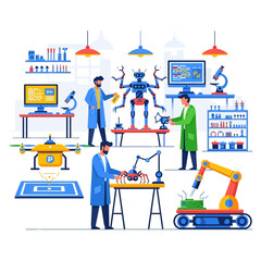 Naklejka premium Robotics Laboratory Scene with Scientists and Advanced Machines.