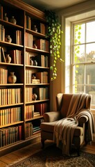 Fototapeta premium Cozy Reading Nook with Armchair and Bookshelf by Window