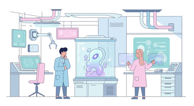 Scientists observe alien creature in futuristic laboratory containment unit.