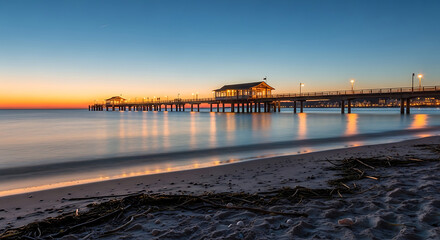 Obraz premium Scenic Beach Pier at Sunset with Vibrant Orange Horizon and Calm Ocean Waves Reflecting City Lights