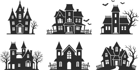 Collection of spooky haunted houses in black silhouette on white background © firoz