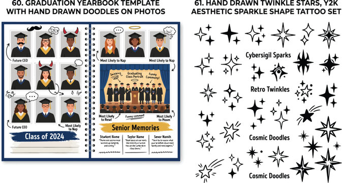 Graduation yearbook layout with student portraits and star doodles high school hand drawn album page graduation yearbook template