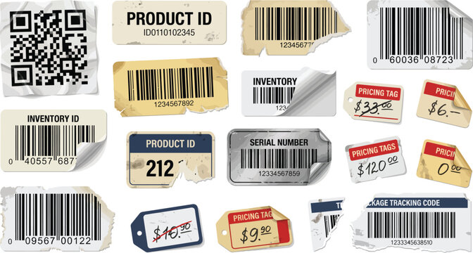 Assorted barcodes and qr codes on torn paper labels with qr code identification information commerce technology business shipping