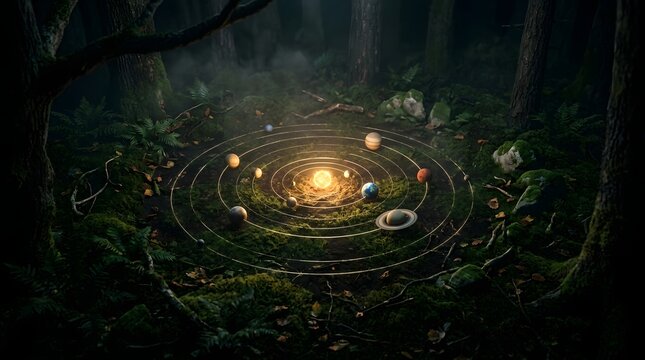 Mystical Magic Circle Ritual in Dark Enchanted Forest with Glowing Candles Crystals and Ancient Symbols Witchcraft Pagan Spiritual Ceremony Fantasy Nature Scene