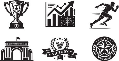 Fototapeta premium Soccer championship trophy and football analytics black vector icons set.