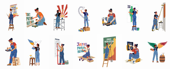 Collection of flat vector illustrations depicting a female artist creating street art and murals advocating for prison reform, social justice, and freedom. © Telu