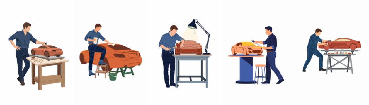 A set of professional male car designers working on automotive clay models in a creative studio workshop, showcasing the industrial design process.