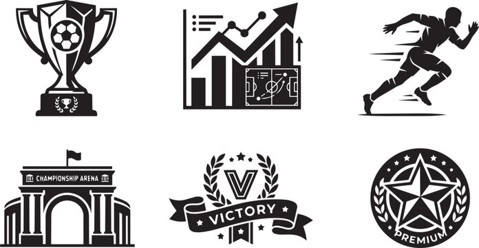 Soccer championship trophy and football analytics black vector icons set.