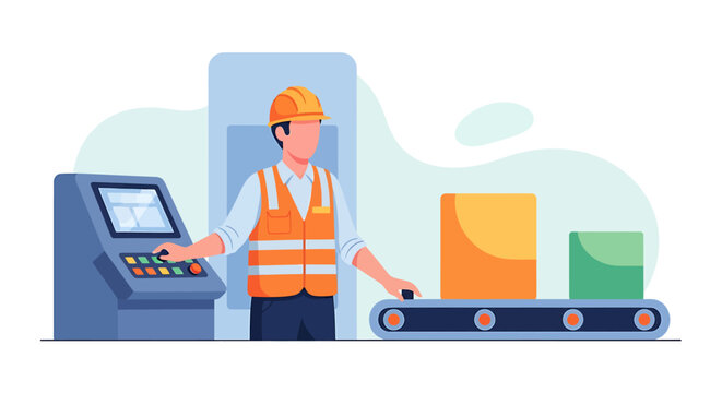 Factory worker operating machinery with boxes on a conveyor belt.