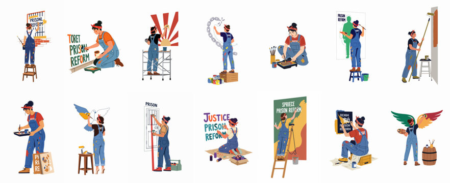 Collection of flat vector illustrations depicting a female artist creating street art and murals advocating for prison reform, social justice, and freedom.