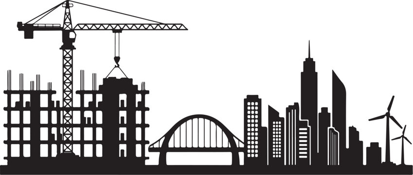Black silhouette cityscape with construction crane