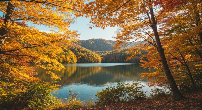 Sunny autumn day at a mountain lake viewed through a gap in vibrant yellow and orange trees.