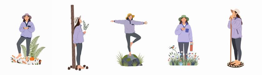 Collection of minimalist flat illustrations of women enjoying nature, hiking, trekking, and practicing mindfulness in various outdoor settings. © Papat