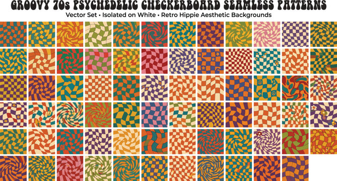 Groovy 70s psychedelic checkerboard seamless patterns set with optical illusion pattern design psychedelic checkerboard seamless