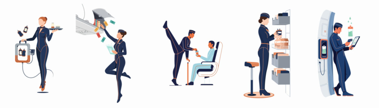 Futuristic Flight Attendants and Space Crew Performance Illustrations Set in Flat Vector Style for Modern Aviation and Travel Concepts.