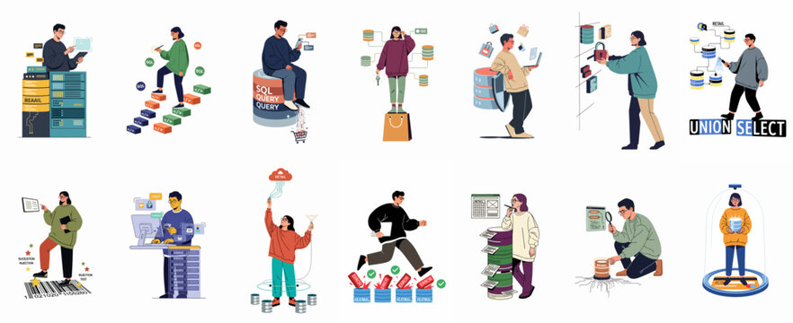 Collection of flat vector illustrations depicting data management, database security, SQL queries, and retail technology concepts for modern business and software development.