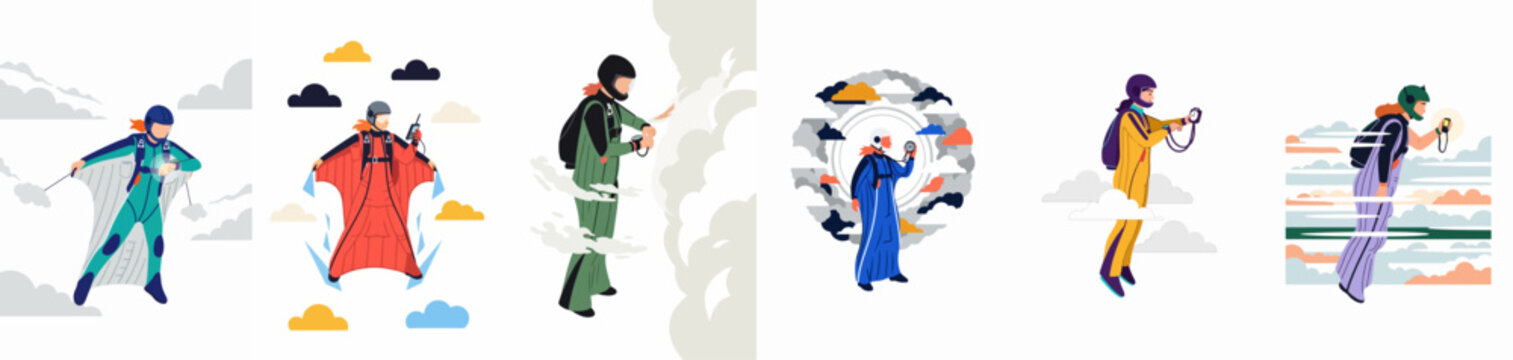 Set of illustrations depicting skydivers and wingsuit flyers in mid-air action against a cloudy sky background.