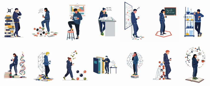 Set of vector illustrations featuring tired university science students studying chemistry and biology with coffee, books, and molecular models.