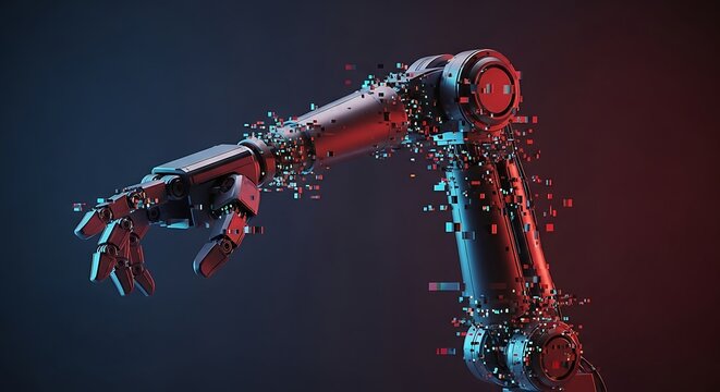Robotic arm with digital disintegration effect against a dark red and blue gradient background ai generated