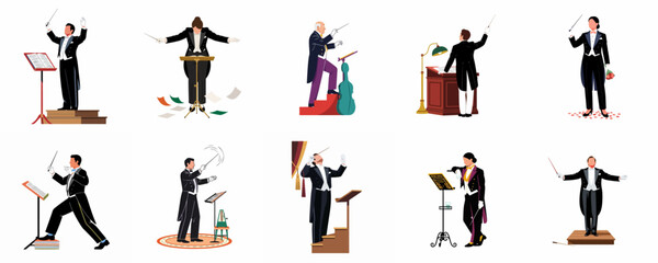 A collection of professional orchestra conductors in formal attire, performing with batons, music stands, and podiums in a flat vector illustration style. © Loro