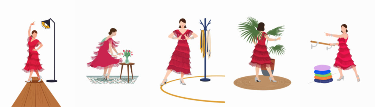 Set of illustrations featuring a woman in a red fringed dress dancing and posing in various indoor settings, inspired by vintage style.