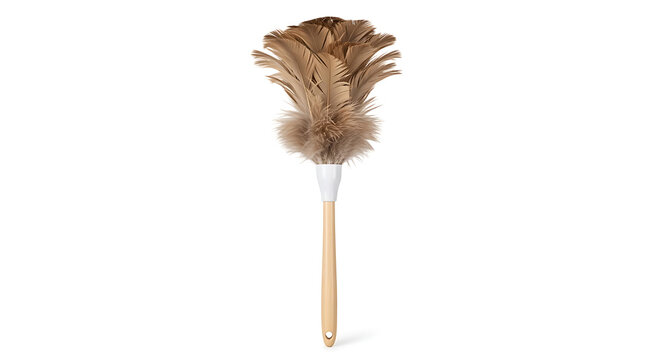 A brown feather duster with a wooden handle stands upright on a plain surface indoors.