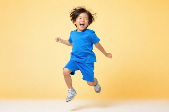 Joyful child jumping energetically.