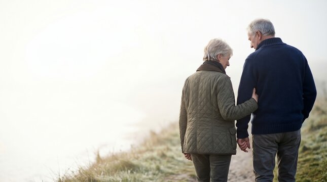 Senior couple walking together on a foggy path with copy space background. Caucasian woman and man holding hands during romantic outdoor stroll. Retirement lifestyle, marriage bond and lifelong love
