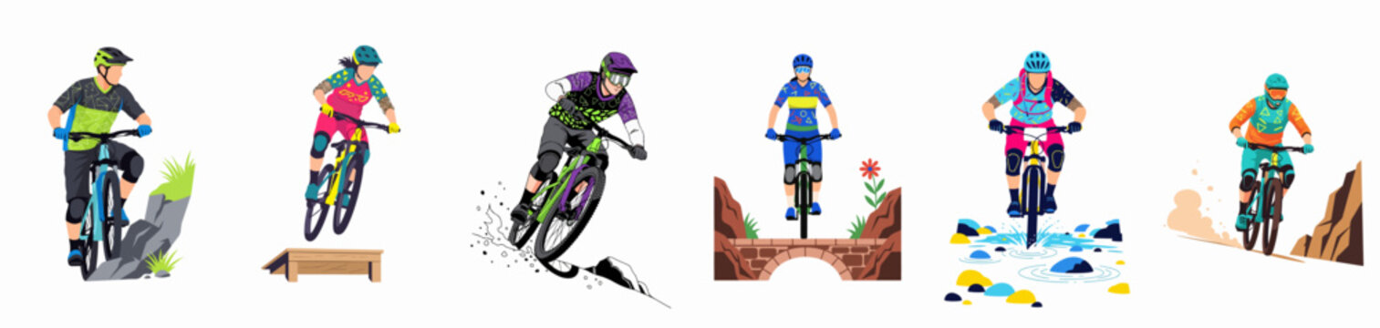 Vector illustration set featuring diverse mountain bikers performing various activities like downhill riding, jumping ramps, and crossing water obstacles on rugged terrain.