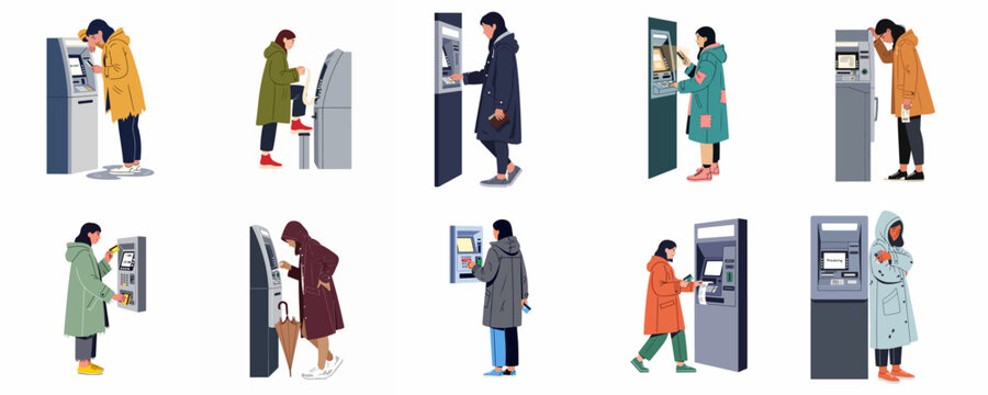 Flat illustration set featuring various women interacting with automated teller machines for everyday banking tasks like cash withdrawals and checking account balances.