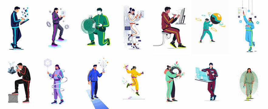A collection of 12 vector characters in tracksuits engaged in various futuristic technology, digital art, virtual reality, and creative professional activities.