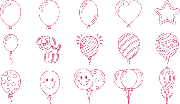Party balloons outline pink line art decorative objects collection.