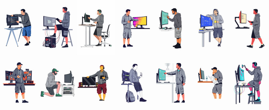Vector collection of tech professionals, programmers, and gamers in casual attire working with computers and hardware, isolated on a white background.