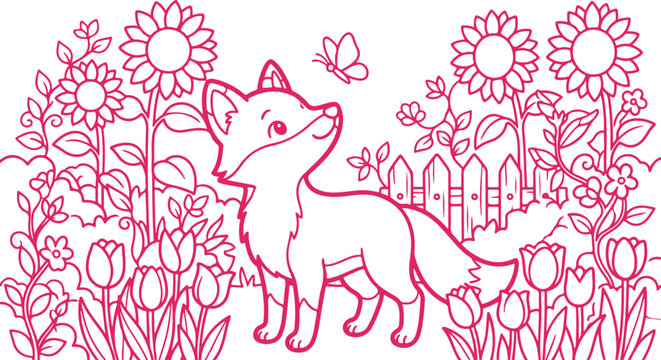 Cute fox in garden outline pink line art illustration.