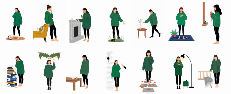 Set of illustrations featuring a woman surprised by marriage proposal scenarios and finding an engagement ring in various indoor and outdoor settings.