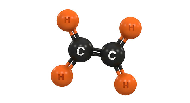 The molecular structure of ethene displays carbon atoms bonded to hydrogen atoms.