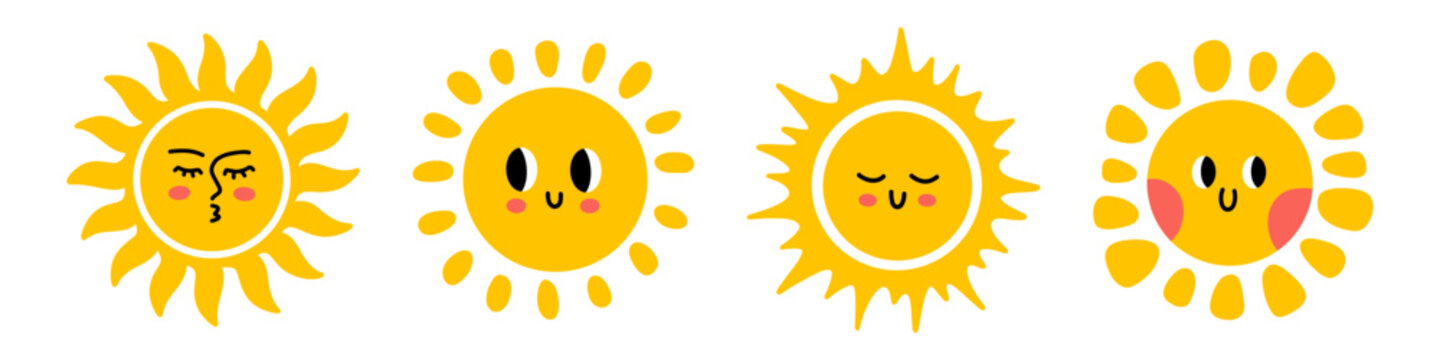 Vector set of cute yellow sun characters with different ray shapes and funny faces. Happy smiling sunshine faces illustration for kid sun poster, nursery decor, baby sticker, childish summer design.