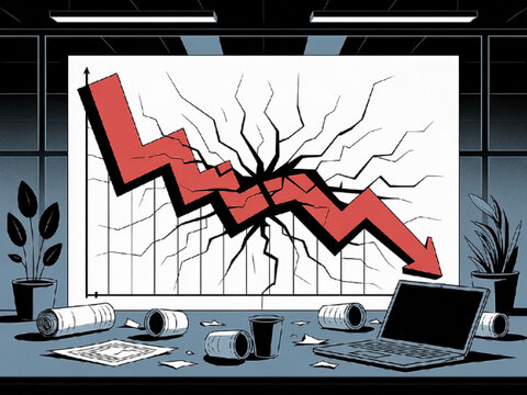 Stock Market Crash Illustration with Falling Red Arrow and Cracked Wall