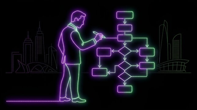 Professional strategist designing complex business process flowchart