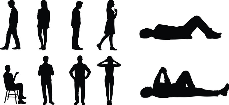 People silhouette collection with standing sitting and lying human figures isolated on white background illustration