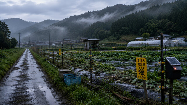 クマ出没対策として設置された電気柵と山間農地の風景