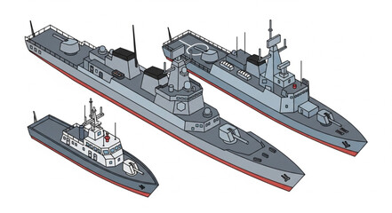 Military Ships Fleet Illustration with Warships and Submarine. © Wahyu