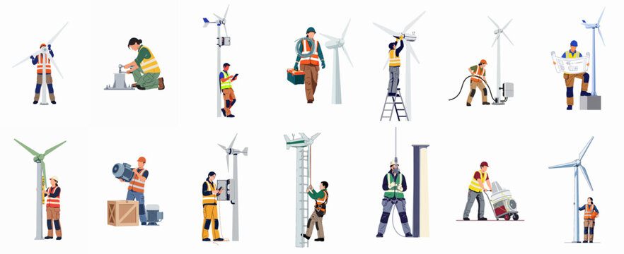 Collection of professional workers and engineers installing and maintaining various wind turbines for renewable energy solutions, isolated on a white background.