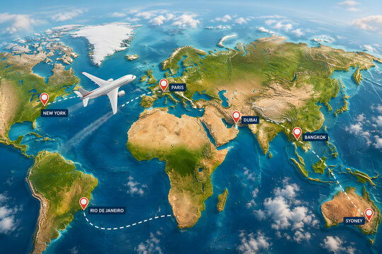 World travel map with airplane flight routes, global aviation network illustration. International air transportation connections, worldwide tourism destinations, commercial airline journey, logistics 