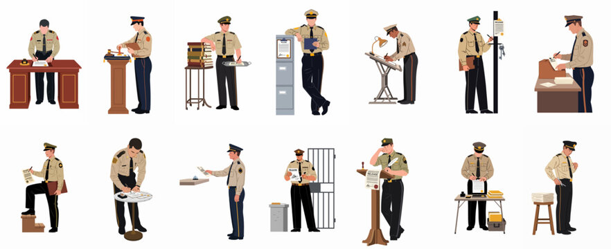 Set of military or correctional officers in uniform performing various administrative and security tasks such as signing documents, filing, and guarding.