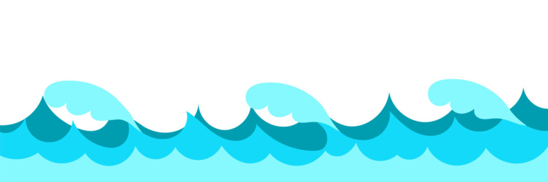 Curly blue ocean wave border design with white foam crest. Stylized sea surf water ripple line. Beautiful cartoon clipart element for summer beach holiday poster. Vector illustration