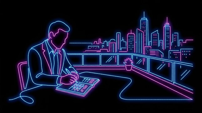 Executive writing in planner on office balcony at night