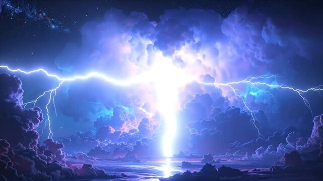 Dramatic sky with vibrant colors and bright lightning strikes at night time