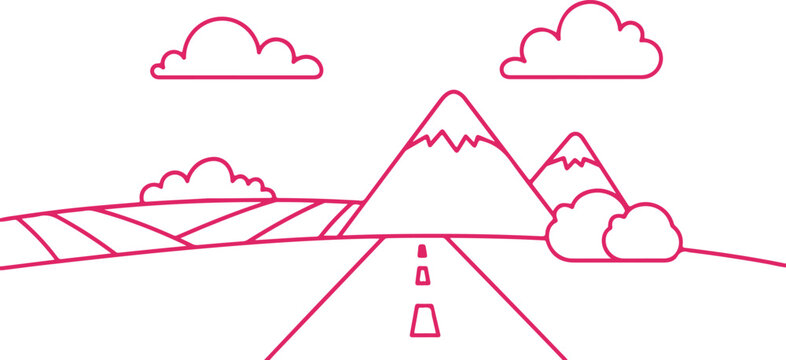 Mountain landscape with road and clouds in pink outline simple travel scene.